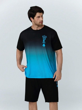 AICJ 2pcs/Set Men Casual Sleepwear Set, Crown & Playing Card Pattern T-Shirt Top With Pocket, Shorts Pants, Loungewear For Spring & Summer - Image 10