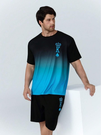 AICJ 2pcs/Set Men Casual Sleepwear Set, Crown & Playing Card Pattern T-Shirt Top With Pocket, Shorts Pants, Loungewear For Spring & Summer - Image 11