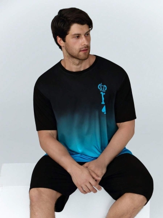 AICJ 2pcs/Set Men Casual Sleepwear Set, Crown & Playing Card Pattern T-Shirt Top With Pocket, Shorts Pants, Loungewear For Spring & Summer - Image 12