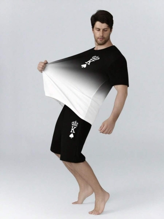 AICJ 2pcs/Set Men Casual Sleepwear Set, Crown & Playing Card Pattern T-Shirt Top With Pocket, Shorts Pants, Loungewear For Spring & Summer - Image 18