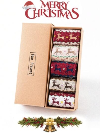 4 Pairs Of Women's Christmas Reindeer Furry-Lined Mid-Calf Socks, Featuring Thickened Fluffy Lining For Cold Weather, Soft And Cozy Woolen Texture, Versatile Holiday Style - The Perfect Christmas Gift For Families. Random Shipping, Without Gift Boxes.