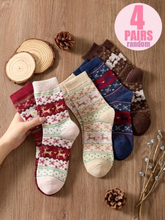 4 Pairs Of Women's Christmas Reindeer Furry-Lined Mid-Calf Socks, Featuring Thickened Fluffy Lining For Cold Weather, Soft And Cozy Woolen Texture, Versatile Holiday Style - The Perfect Christmas Gift For Families. Random Shipping, Without Gift Boxes. - Image 3