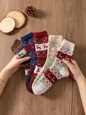 4 Pairs Of Women's Christmas Reindeer Furry-Lined Mid-Calf Socks, Featuring Thickened Fluffy Lining For Cold Weather, Soft And Cozy Woolen Texture, Versatile Holiday Style - The Perfect Christmas Gift For Families. Random Shipping, Without Gift Boxes. - Image 4