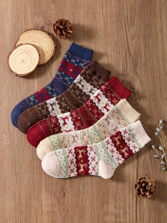 4 Pairs Of Women's Christmas Reindeer Furry-Lined Mid-Calf Socks, Featuring Thickened Fluffy Lining For Cold Weather, Soft And Cozy Woolen Texture, Versatile Holiday Style - The Perfect Christmas Gift For Families. Random Shipping, Without Gift Boxes. - Image 5