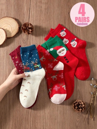 4 Pairs Of Women's Christmas Reindeer Furry-Lined Mid-Calf Socks, Featuring Thickened Fluffy Lining For Cold Weather, Soft And Cozy Woolen Texture, Versatile Holiday Style - The Perfect Christmas Gift For Families. Random Shipping, Without Gift Boxes. - Image 9