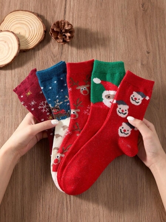 4 Pairs Of Women's Christmas Reindeer Furry-Lined Mid-Calf Socks, Featuring Thickened Fluffy Lining For Cold Weather, Soft And Cozy Woolen Texture, Versatile Holiday Style - The Perfect Christmas Gift For Families. Random Shipping, Without Gift Boxes. - Image 10
