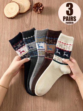 4 Pairs Of Women's Christmas Reindeer Furry-Lined Mid-Calf Socks, Featuring Thickened Fluffy Lining For Cold Weather, Soft And Cozy Woolen Texture, Versatile Holiday Style - The Perfect Christmas Gift For Families. Random Shipping, Without Gift Boxes. - Image 16