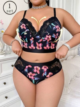 Plus Size Women's Floral Printed Wireless Soft And Comfortable Bra And Panty Set