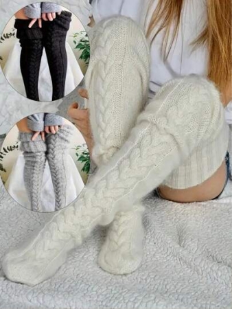 1 Pair Of Women's Over-The-Knee High Socks, Over-The-Knee Knitted Boots And Socks, Warm And Fashionable Warm Leg Covers For Winter, Solid Color Over-The-Knee Knitted Striped And Twisted Pattern Socks, Christmas Clothing, Warm Accessories, Y2k