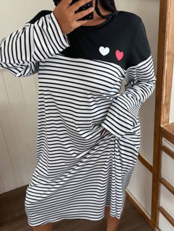 SHEIN Plus Size Women Black & White Striped Long Sleeve Knitted Nightgown, Fall, Cozy Outfits