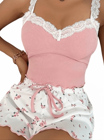 Women's Sexy Ribbed Two Piece Pajama Sets ,Halloween Costumes Includes Camisole Top And Shorts Floral Contrast Lace Bow Cute Sleeveless Short For Home - Image 4