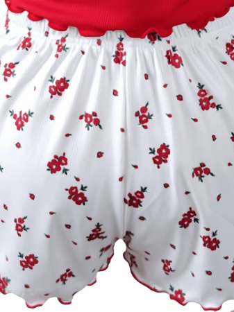 Women's Sexy Ribbed Two Piece Pajama Sets ,Halloween Costumes Includes Camisole Top And Shorts Floral Contrast Lace Bow Cute Sleeveless Short For Home - Image 8