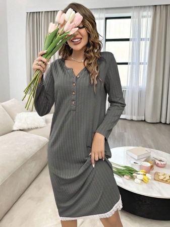 Guipure Lace Trim Quarter Button Pajama Nightdress, Moo Moo, Fall - Image 7