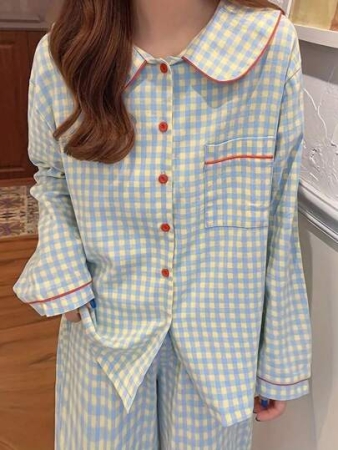 2pcs Women Yellow & Blue Plaid Loose Fit Long Sleeve Top & Pants Pajama Set, Suitable For Spring And Autumn Seasons,Two Pieces Set, Fall Clothes