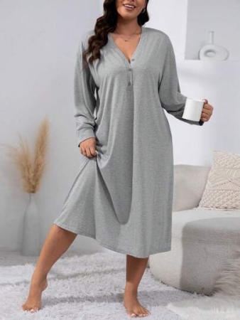 Plus Quarter Button Drop Shoulder Pajama Nightdress, Long Dress, Moo Moo, For Fall, Cozy Outfit