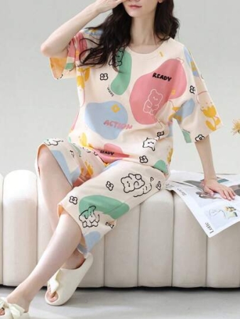New Summer Short Sleeve Round Neck 7/8 Pants Casual Loose Pajama Set, Women Floral - Colorblock - Bear Print Pattern Apricot Loungewear, Comfy Sleepwear 2 Piece Set, Casual Homewear | Cute Pajama Set | Easy Care Fabric