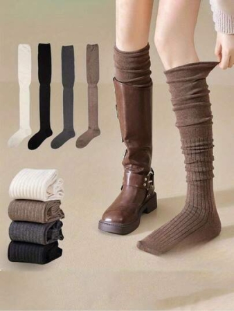 4 Pairs Women's Knee-High Socks - High Elasticity Thin Solid Color Polyester Tights, Suitable For All Seasons, Machine Washable, Suitable For Outdoor Casual Wear, Versatile Styles And Highly Elastic Material