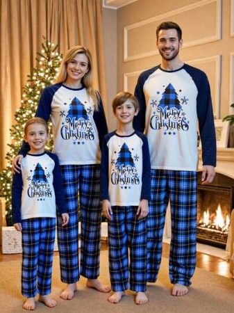 Family Christmas Pajamas Matching Sets Christmas Tree Letter Print Top And Plaid Bottom Pants Sleepwear Christmas Family Matching Outfits