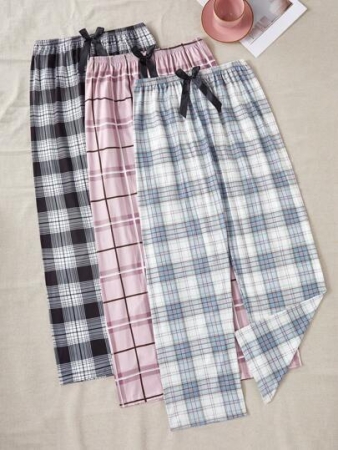 3pcs/Set Plaid & Random Printed Women Pajama Pants, Fall Clothes