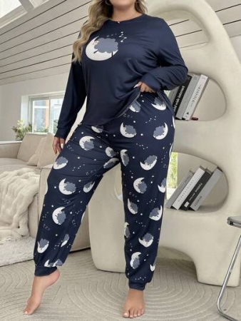 Women's Plus Size Pajama Set With Moon & Star Printed Long Sleeve Top And Pants, Fall Clothes