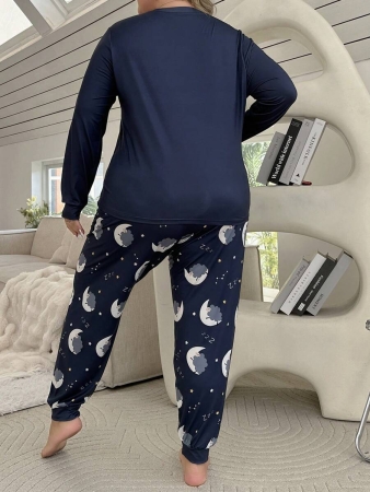 Women's Plus Size Pajama Set With Moon & Star Printed Long Sleeve Top And Pants, Fall Clothes - Image 3