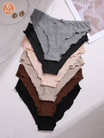 6pcs Everyday Triangle Panties With Wavy Edges And Ruffled Trims,Bow Comfortable Briefs