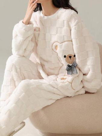 [Cute Striped Wool Pajamas] Bear Pattern Comfortable Wool Pajama Set - Women's Polyester Sleepwear Top And Long Pants, Suitable For Christmas And New Year - Long Sleeve Round Neck Teenage Home Service Set, 2pcs