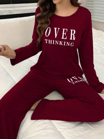 Letter Print Long Sleeve Top And Long Pants Pajama Set, Fall Clothes  Cozy And Elegant Details