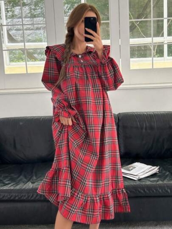 DAZY Plaid Lapel Flounce Hem Nightgown Pajama Red Women Dresses
