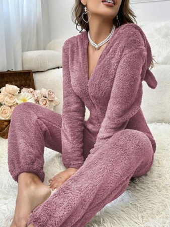 Women's Cute Solid Color 3D Ear Hooded Zip Front Fluffy Jumpsuit, Autumn/Winter, For Fall Winter