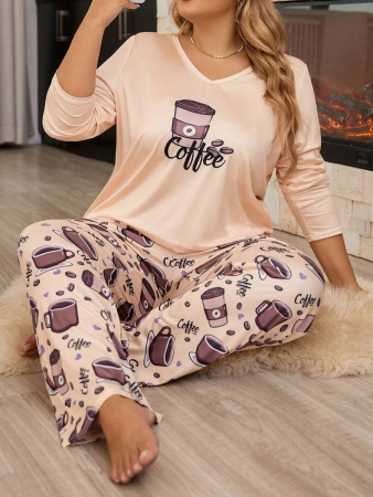Plus Coffee & Letter Graphic PJ Set / Pajama Set - Image 2