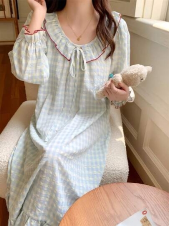 1pc Women's Sweet Cute Sexy Plaid Print Long Sleeve Nightgown Dress, Casual Wear For Queuing, Valentine's Day, Spring, Autumn, Winter, Doll Collar, Lantern Sleeve Sleepwear Homewear Set, Fall