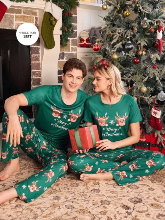 Manfinity CoupledUp Cute Christmas Reindeer Print Short Sleeve Pajama Set For Men Women Pjs Set Christmas Pajamas Couple Matching Pj Sets Green Pj Set Christmas Pjs - Image 4