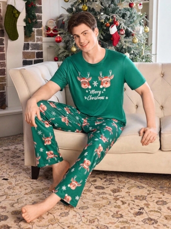 Manfinity CoupledUp Cute Christmas Reindeer Print Short Sleeve Pajama Set For Men Women Pjs Set Christmas Pajamas Couple Matching Pj Sets Green Pj Set Christmas Pjs - Image 7