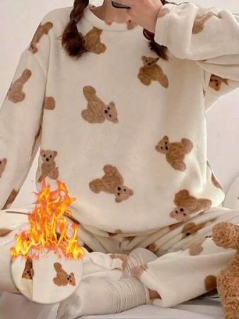 2pcs Winter Sleepwear Set, Flannel Fluffy Pajama Set With Cute Bear Print, Simple And Fashionable Sleepwear,Two Pieces Set, Fall Winter Clothes