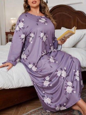 Plus Size Women Floral Round Neck Long Sleeve Nightdress Sleepwear, Moo Moo  Cozy And Elegant Details, Fall Outfit