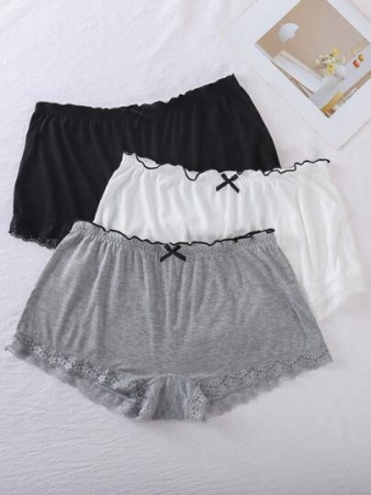 3pcs/Set Plus Size Women Casual Lace Trim Waist & Hem Jersey Briefs