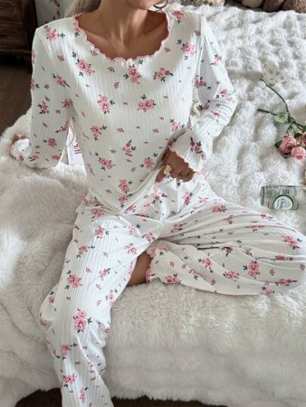 CottageSlumber Women's Cute Ditsy Floral Ribbed Trim Long Sleeve & Pants Romantic Floral Pajama Set Sleep Wear Women 2 Pieces Set, Fall Clothes