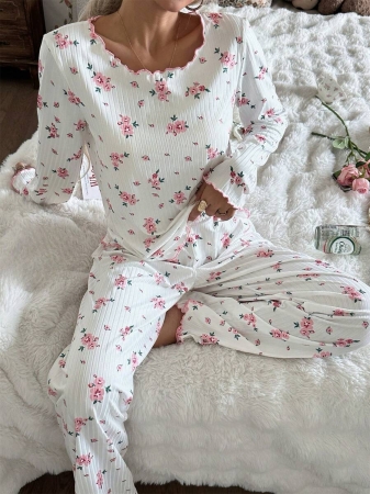 CottageSlumber Women's Cute Ditsy Floral Ribbed Trim Long Sleeve & Pants Romantic Floral Pajama Set Sleep Wear Women 2 Pieces Set, Fall Clothes - Image 2