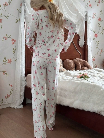 CottageSlumber Women's Cute Ditsy Floral Ribbed Trim Long Sleeve & Pants Romantic Floral Pajama Set Sleep Wear Women 2 Pieces Set, Fall Clothes - Image 3