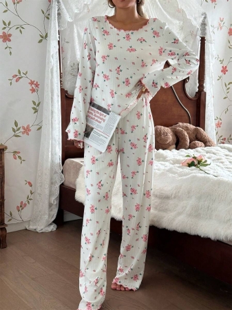 CottageSlumber Women's Cute Ditsy Floral Ribbed Trim Long Sleeve & Pants Romantic Floral Pajama Set Sleep Wear Women 2 Pieces Set, Fall Clothes - Image 4