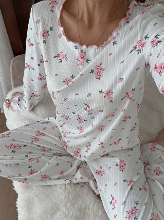 CottageSlumber Women's Cute Ditsy Floral Ribbed Trim Long Sleeve & Pants Romantic Floral Pajama Set Sleep Wear Women 2 Pieces Set, Fall Clothes - Image 6