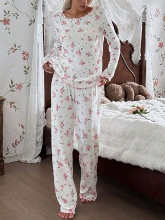 CottageSlumber Women's Cute Ditsy Floral Ribbed Trim Long Sleeve & Pants Romantic Floral Pajama Set Sleep Wear Women 2 Pieces Set, Fall Clothes - Image 8