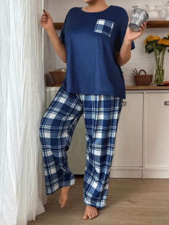 SHEIN Plus Size Women Casual Plaid Pattern Print Top & Pants Pajama Set, Outfits - Image 2