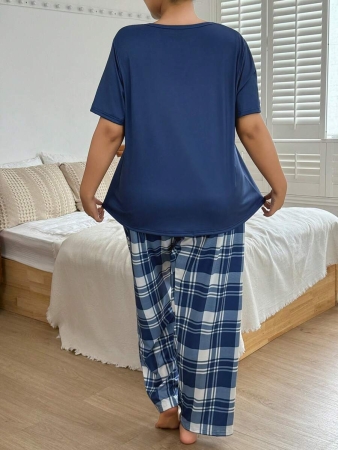 SHEIN Plus Size Women Casual Plaid Pattern Print Top & Pants Pajama Set, Outfits - Image 3