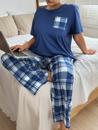 SHEIN Plus Size Women Casual Plaid Pattern Print Top & Pants Pajama Set, Outfits - Image 4