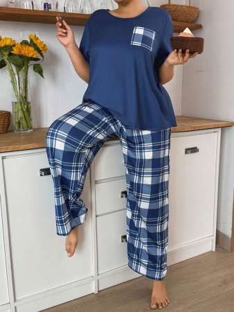 SHEIN Plus Size Women Casual Plaid Pattern Print Top & Pants Pajama Set, Outfits - Image 7