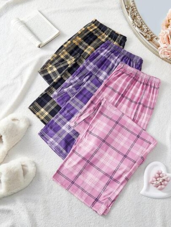 3pcs/Set Plus Size Women Elastic Waist Loose Plaid Pajama Cozy Pants, Fall Clothes