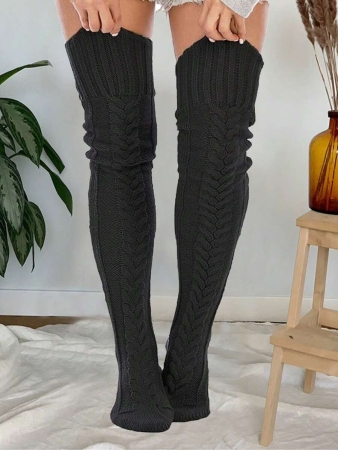 1 Pair Solid Color Wool Thigh High Socks, Over-The-Knee Socks, Thick Fleece Lined For Women, Suitable For Autumn/Winter, Holidays And Gatherings - Image 2
