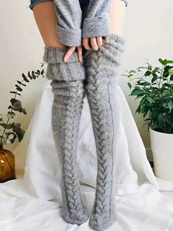 1 Pair Solid Color Wool Thigh High Socks, Over-The-Knee Socks, Thick Fleece Lined For Women, Suitable For Autumn/Winter, Holidays And Gatherings - Image 12